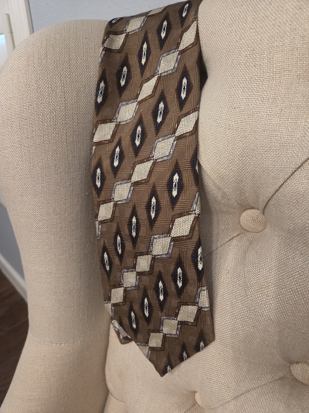 Givenchy Vintage Brown Geometric Silk Tie with Ivory and Black Accents